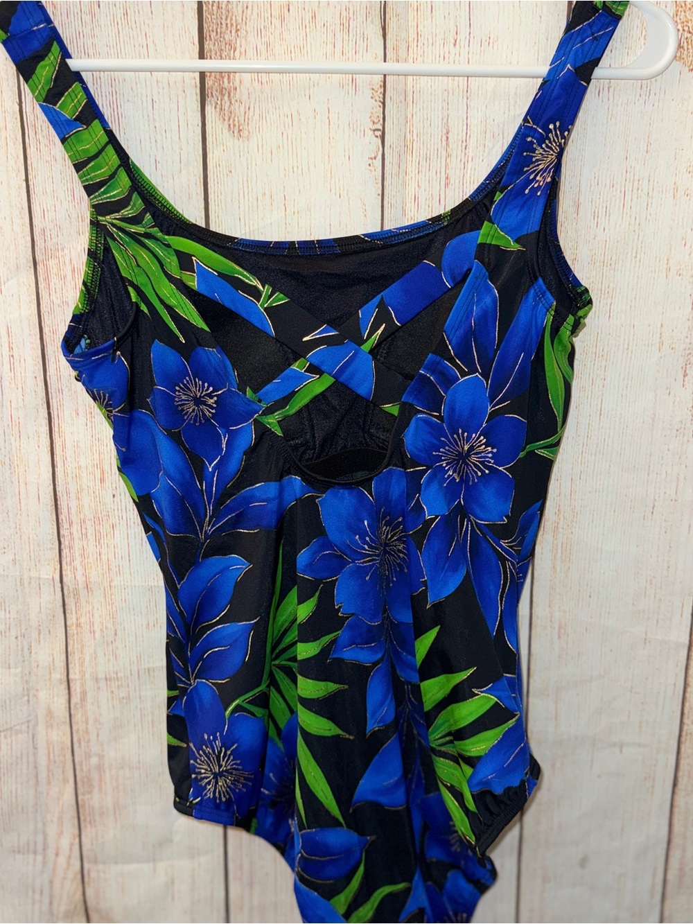 Longitude Long Torso Double X Back One Piece, Black Blue Good Floral, Sz 12 Tall - Picture 4 of 8